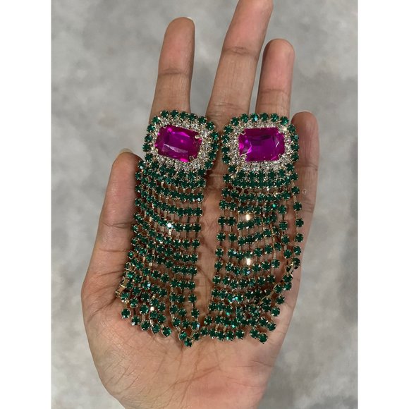 Fuchsia earrings large pink & green fringe long emerald crystal dark green - Picture 2 of 10